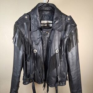 Open Road Vintage Fringe Leather Moto Jacket Concho Mens 44